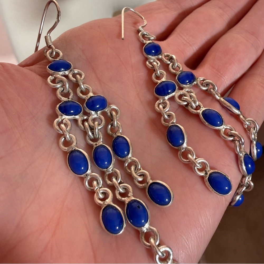 Vintage Sterling silver southwestern cobalt blue glass shoulder duster earrings